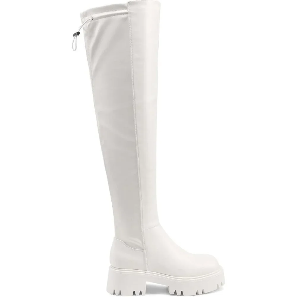 🆕Women's White-pu Faux Leather Over The Knee Lug Sole Round Toe Thigh High Boot